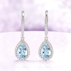 Teardrop Aquamarine Earrings in Sterling Silver Dangle Earrings For Women- Bridal Gemstone Earrings- Anniversary Birthday Gift For Her