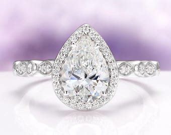 Simulated Diamond Engagement Ring Pear Cut Art Deco Vintage Style Sterling Silver