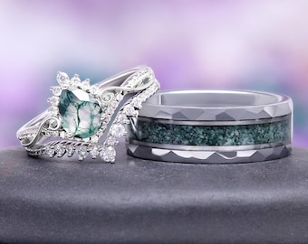 Green Moss Agate Couples Ring Set | Sterling Silver and Tungsten His & Hers Rings | Unique Nature-Inspired Promise Rings, Wedding Ring Set