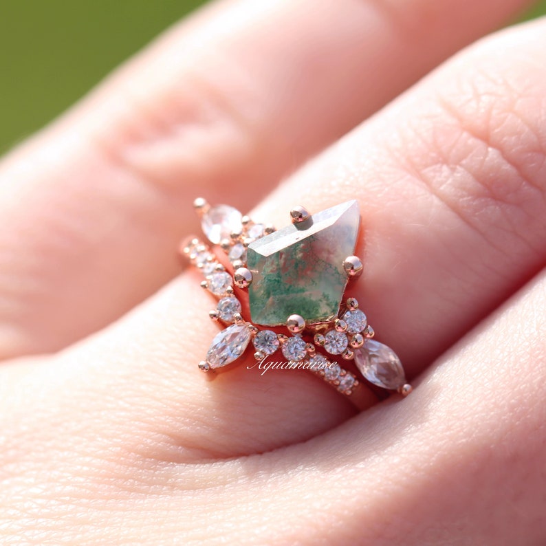 Skye Kite Green Moss Agate Ring 14K Rose Gold Vermeil Natural Agate Engagement Ring Promise Ring Green Gemstone Anniversary Gift For Her afbeelding 7