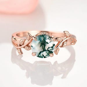 Natural Moss Agate Engagement Ring For Women- Alternative Engagement Ring Nature Inspired Leaf Ring Anniversary Rings 14K Rose Gold Vermeil