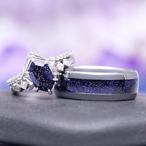 Starry Night Couples Ring Set- Galaxy Sandstone His and Hers Rings- Night Court Cosmic Wedding Band- 925 Sterling Silver/ Tungsten Carbide