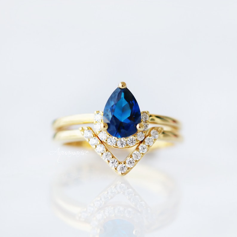 Aria Sapphire Ring Set 14K Yellow Gold Vermeil Ring Set Engagement Promise Ring Promise Ring September Birthstone Anniversary Gift image 2