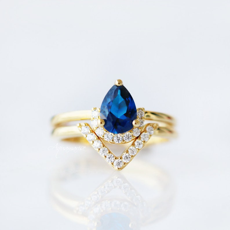 Wedding Ring Set September Birthstone Engagement Promise Ring Anniversary Gift Pear Sapphire Ring Set 14K Yellow Gold Vermeil Ring Set