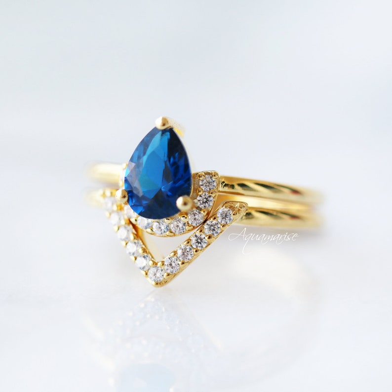 Wedding Ring Set September Birthstone Engagement Promise Ring Anniversary Gift Pear Sapphire Ring Set 14K Yellow Gold Vermeil Ring Set