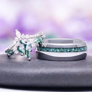 Skye Kite Green Moss Agate Couples Ring Set- His and Hers Wedding Band- 925 Sterling Silver Unique Earthy Ring- Matching Nature Promise Ring
