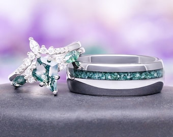 Skye Kite Green Moss Agate Couples Ring Set- His and Hers Wedding Band- 925 Sterling Silver Unique Earthy Ring- Matching Nature Promise Ring