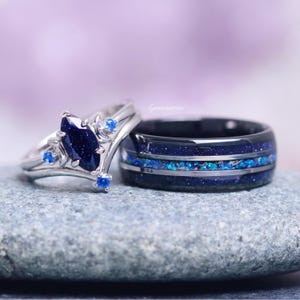 Starry Night & Fire Opal Couples Ring Set- Galaxy Sandstone His and Hers Rings- Great Rift Nebula Wedding Band- Sterling Silver/ Tungsten
