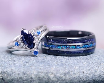 Starry Night Fire Opal Couples Ring Set- Galaxy Sandstone His