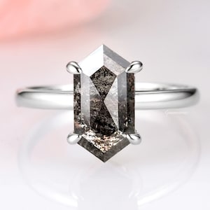 Galaxy Raw Salt and Pepper Diamond Ring- Hexagon Cut Diamond Engagement Rings- Unique Bridal Geometric Diamond Promise Ring Sterling Silver