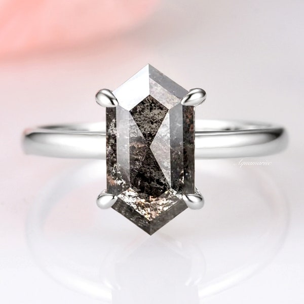 Galaxy Raw Salt and Pepper Diamond Ring- Hexagon Cut Diamond Engagement Rings- Unique Bridal Geometric Diamond Promise Ring Sterling Silver