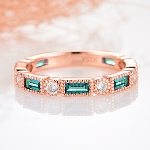 Ari Vintage Alexandrite Band- 14K Rose Gold Vermeil Genuine Teal & Purple Alexandrite Milgrain Wedding Band- Stacking Ring- June Birthstone