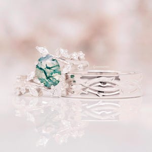 Green Moss Agate Leaf Couples Ring Set- His and Hers Wedding Band- 925 Sterling Silver Matching Wedding Band Nature Inspired Promise Ring