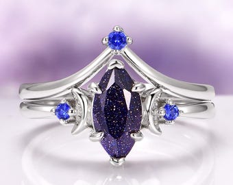Starry Night and Sapphire Engagement Ring Set in 925 Sterling Silver- Moon Stars Night Court Ring Set- Unique Promise Ring Outer Space Ring