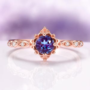 Vintage Alexandrite Ring in 14K Rose Gold Vermeil- Teal Purple Unique Alexandrite Engagement Ring- Dainty Promise Ring- June Birthstone