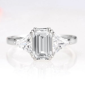 3 stone Moissanite Engagement Ring- 14K White Gold Emerald & Trillion Cut Moissanite Ring- Diamond Engagement Ring Promise Ring- Bridal Ring