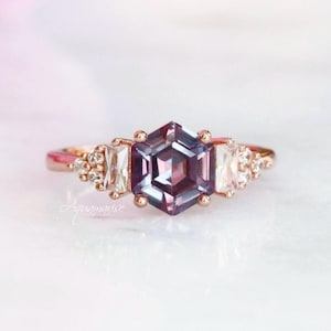 Hexagon Alexandrite Ring- 14K Rose Gold Vermeil Engagement Ring- For Women Promise Ring- Color Changing Stone June Birthstone- Gift For Her