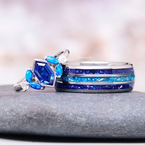Blue Fire Opal & Sapphire Couples Ring Set- His and Hers Ring Set- Purple Matching Wedding Bands Outer Space Unique Wedding Rings- Gift Idea