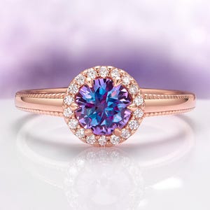Purple Sapphire Engagement Ring in 14K Rose Gold Vermeil- Color Changing Sapphire Unique Promise Ring- Birthstone Ring Birthday Gift For Her
