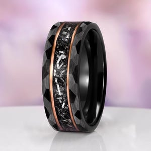 Galaxy Salt & Pepper Diamond, Meteorite Couples Ring Set- His and Hers Cosmic Wedding Bands Rose Gold Vermeil Tungsten Matching Promise Ring image 12