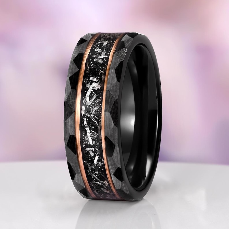 Galaxy Salt & Pepper Diamond, Meteorite Couples Ring Set- His and Hers Cosmic Wedding Bands Rose Gold Vermeil Tungsten Matching Promise Ring image 12