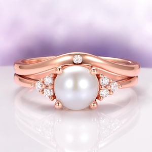 Natural Freshwater Pearl Ring Set For Women- 14K Rose Gold Vermeil Engagement Bridal Ring Sets For Her- Unique Promise Rings June Birthstone