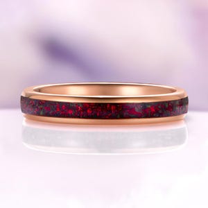 Crushed Black Fire Opal Wedding Band- Rose Gold Tungsten Carbide Ring- 4mm Mens/ Womens Wedding Ring Unique Birthstone- Unisex Promise Ring