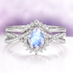Vintage Natural Moonstone Ring Set - Sterling Silver Engagement Ring For Women Dainty Promise Ring June Birthstone  Anniversary Gift For Her