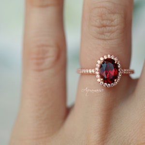 Natural Garnet Ring 14K Rose Gold Vermeil Halo Oval Engagement Promise Ring For Women January Birthstone Anniversary Birthday Gift For Her image 3