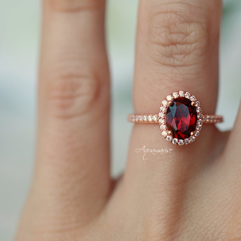 Natural Garnet Ring 14K Rose Gold Vermeil Halo Oval Engagement Promise Ring For Women January Birthstone Anniversary Birthday Gift For Her image 3