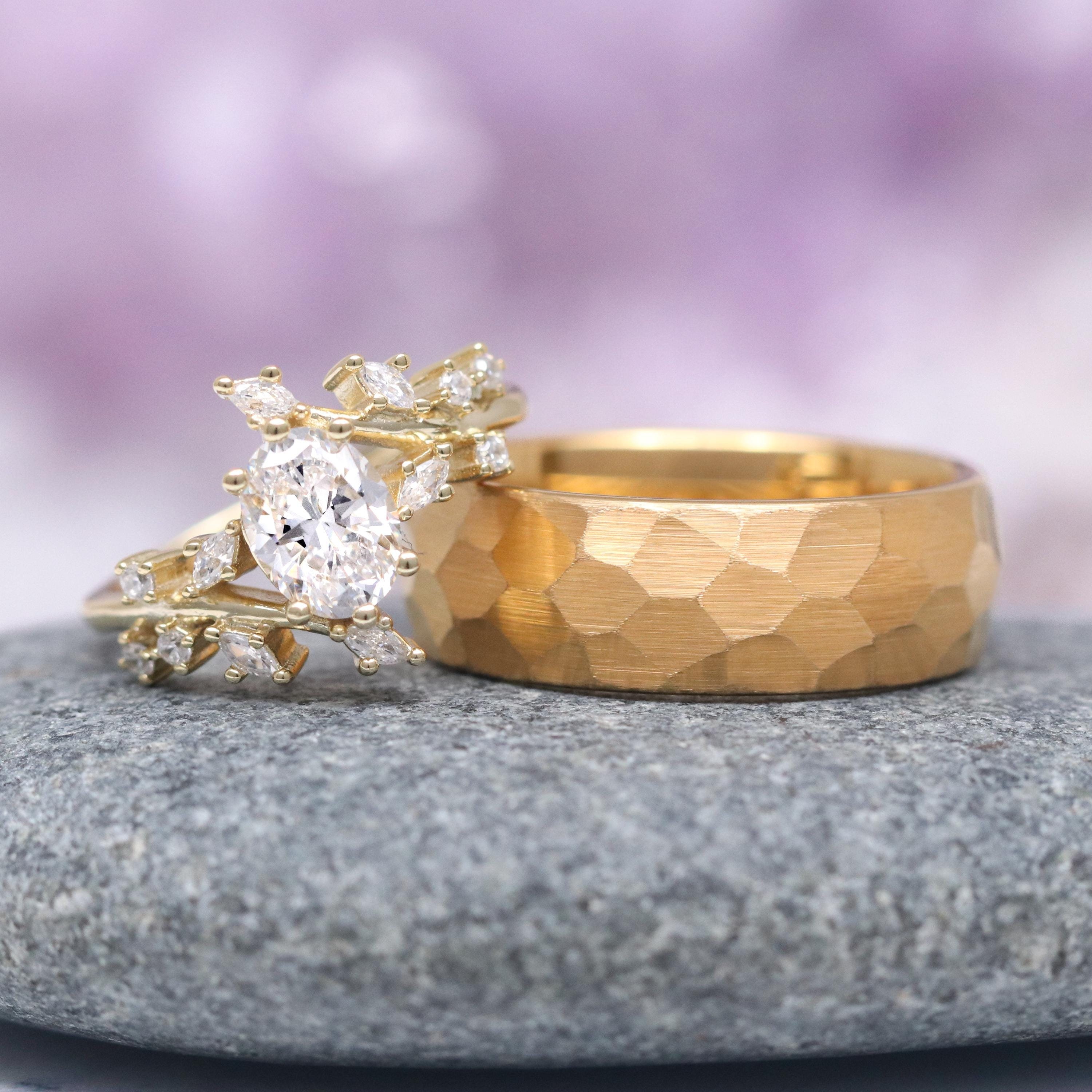 Simulated Diamond Couples Ring Set- His and Hers Leaf Wedding Bands- 14K Yellow Gold Vermeil/ Tungsten Matching Unique Nature Promise Rings