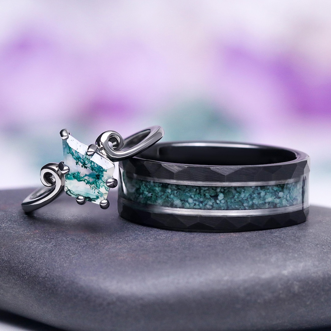 Kite Green Moss Agate Twirl Couples Ring Set- His and Hers Wedding