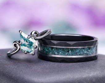 Kite Green Moss Agate Twirl Couples Ring Set- His and Hers Wedding Band- Ruthenium/ Tungsten Matching Promise Rings- Nature Inspired Jewelry