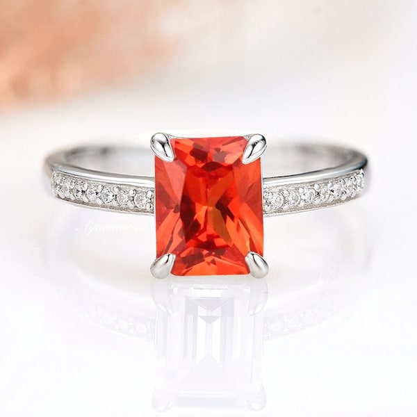 Padparadscha Orange Sapphire Ring- Sterling Silver Gemstone Engagement Ring- Promise Ring- September Birthstone- Anniversary Gift For Her