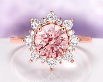 Snowflake Morganite Ring - 14K Rose Gold Vermeil Engagement Ring For Women Promise Ring- Peachy Pink Anniversary Birthday Gift For Her