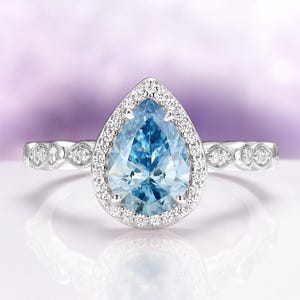 Teardrop Aquamarine Engagement Ring in 925 Sterling Silver- Unique Art Deco Antique Promise Ring March Birthstone Anniversary Gift For Her