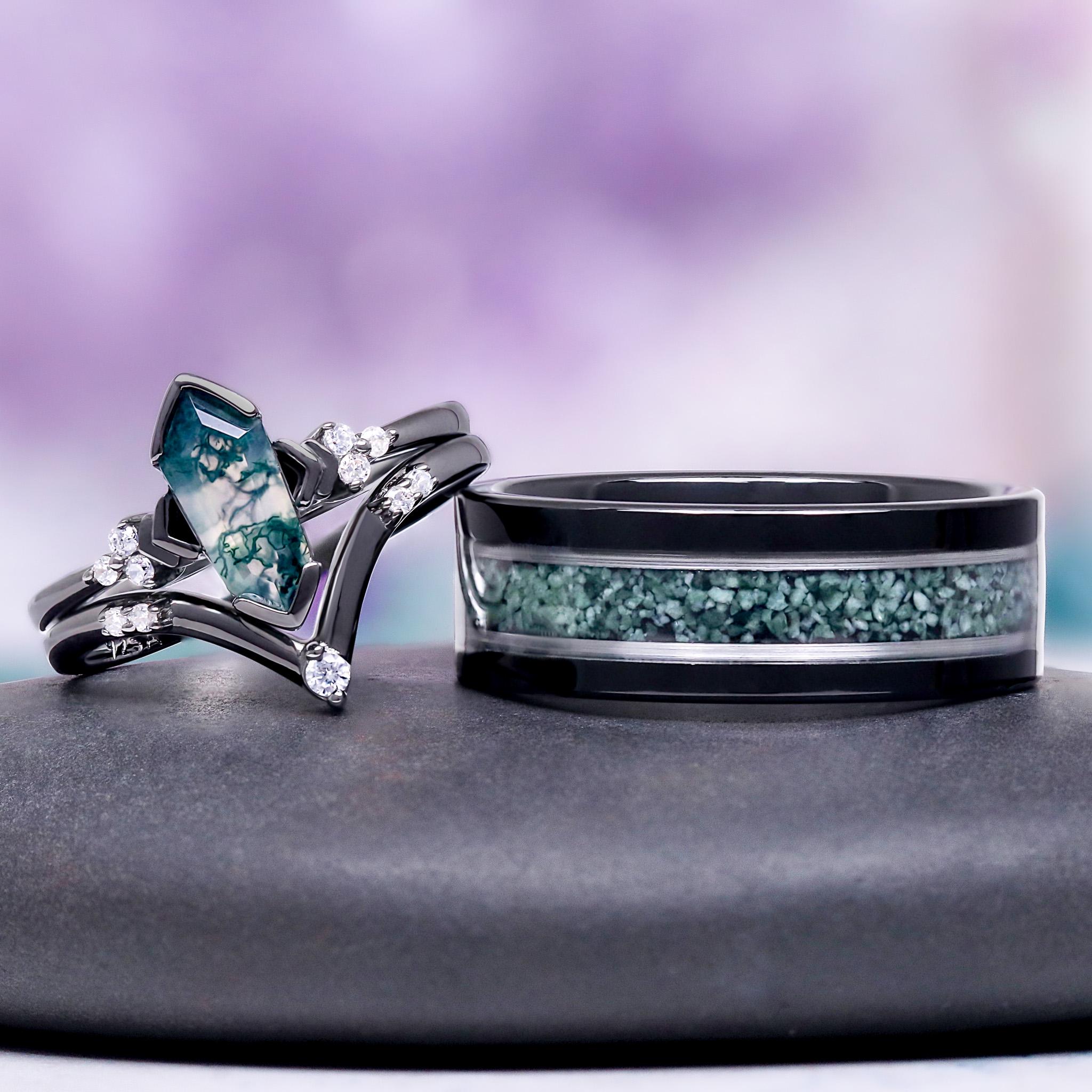Green Moss Agate Couples Ring Set- Coffin Moss His and Hers