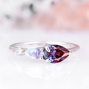 Alexandrite & Moonstone Ring- 925 Sterling Silver Gemstone Engagement Ring For Women Promise Ring June Birthstone Anniversary Gift For Her