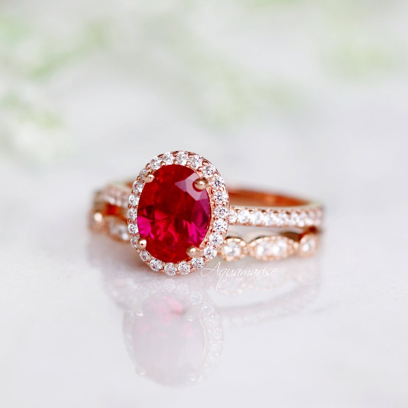 Oval Ruby Ring 14K Rose Gold Vermeil Engagement Ring For Women Promise Ring Wedding Ring Set July Birthstone Anniversary Gift For Her image 6
