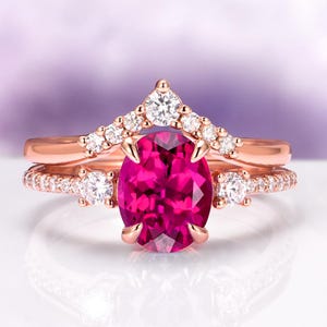 Oval Ruby Engagement Ring Set in 14K Rose Gold Vermeil- Unique Vintage Deep Red Ruby Promise Ring- July Birthstone- Anniversary Gift For Her