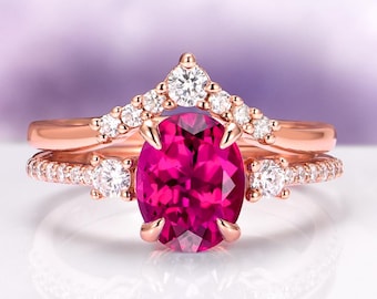 Oval Ruby Engagement Ring Set in 14K Rose Gold Vermeil- Unique Vintage Deep Red Ruby Promise Ring- July Birthstone- Anniversary Gift For Her