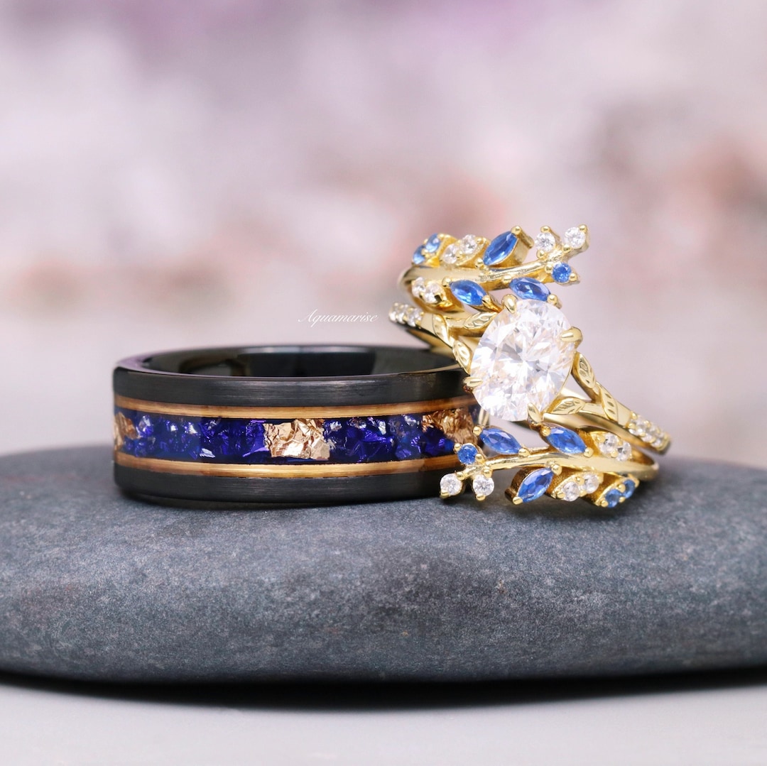 Blue Sapphire & Diamond Gold Leaf Couples Ring Set His and Blue Sapphire & Diamond Gold Leaf Couples Ring Set His and