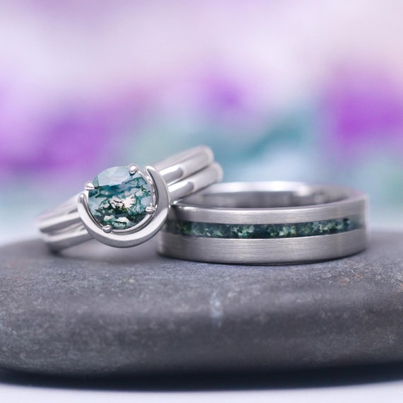 Green Moss Agate Crescent Moon Couples Ring Set- His and Hers