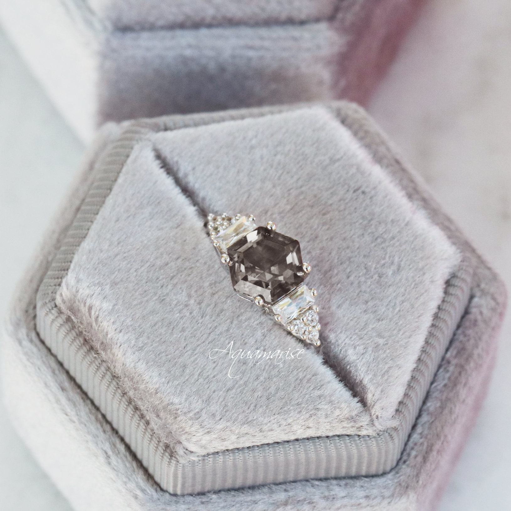 Gray Diamond Ring Sterling Silver Ring Hexagon Gray Gemstone | Etsy