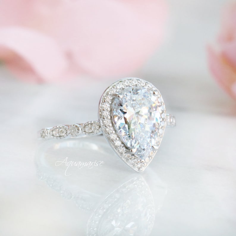 Teardrop Diamond Ring Sterling Silver Engagement Ring for Etsy