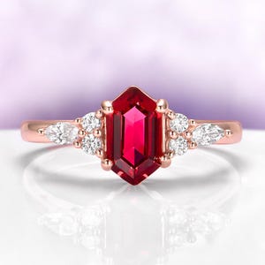 Ruby Engagement Ring Rose Gold Vermeil Hexagon Cut Vintage Art Deco Lab Grown Cluster July Birthstone Bridal