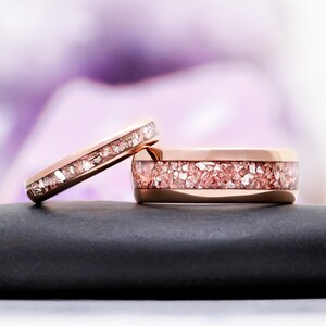 Morganite Mens Wedding Band Rose Gold Tungsten 8mm Crushed Pink Stone Inlay image 4