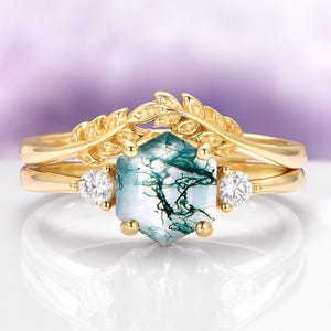 Moss Agate Engagement Ring Set Hexagon Leaf 14K Yellow Gold Vermeil Fairycore