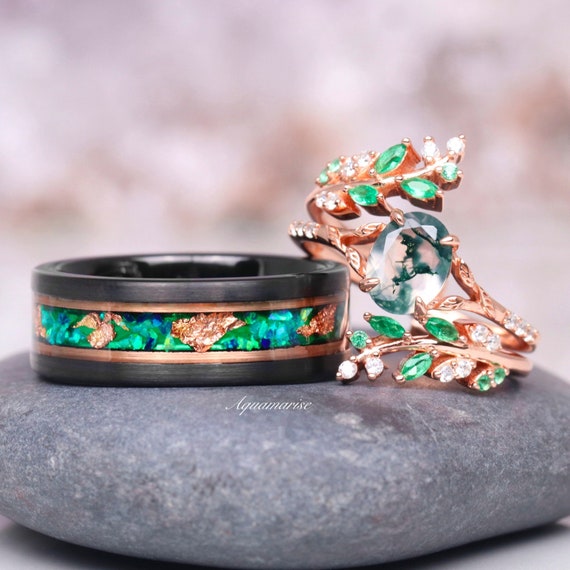 Green Fire Opal & Moss Agate Leaf Couples Ring Set- His and Hers
