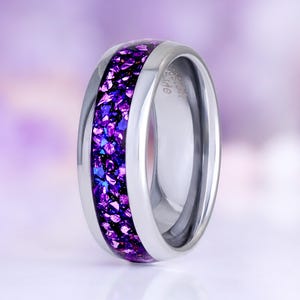 Mens Tungsten Wedding Band Purple Nebula Galaxy Cosmic Crushed Sandstone Alexandrite Opal 8mm Crab